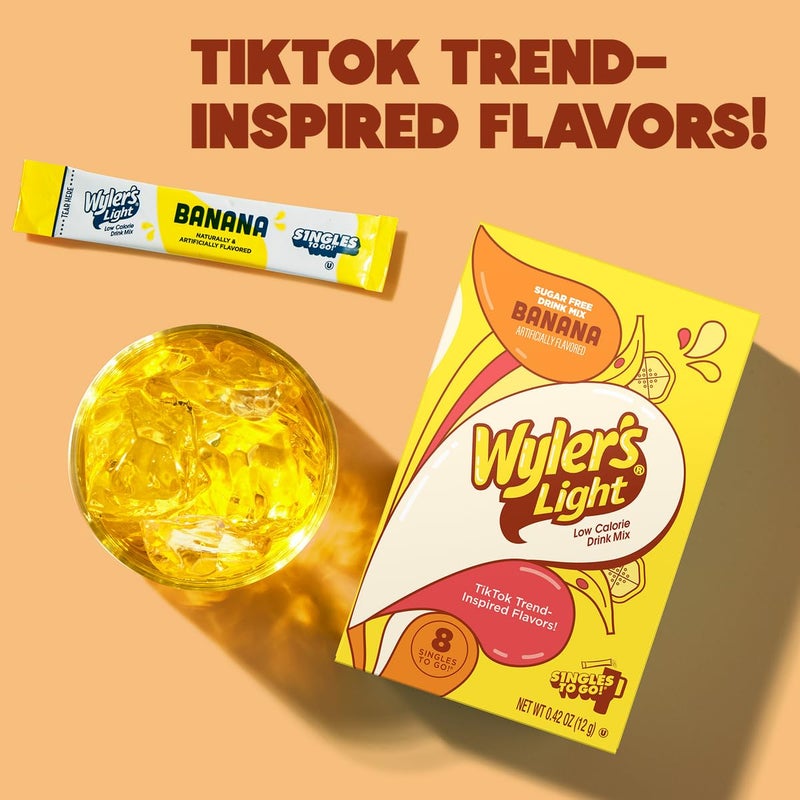 SINGLES TO GO! Wyler's Light Variety Pack - Pack of 6-2 Banana - 2 Cotton Candy - 2 Peach Ring - Singles To Go Powdered Drink Mix - Low Calorie - Zero Sugar - Image 5